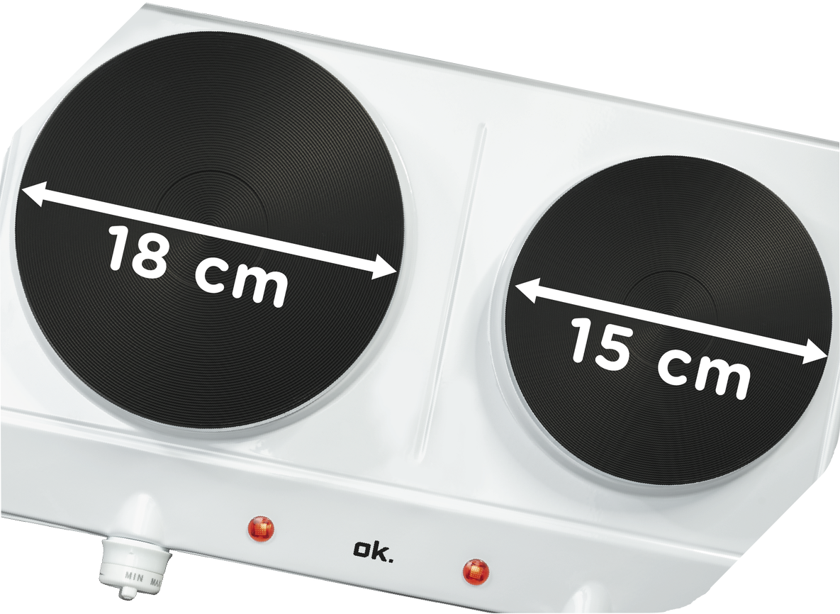 A white hot plate with two black heating elements. Measurements are in cm.