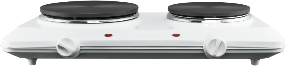 White double burner hot plate with dials and indicator lights for temperature control.