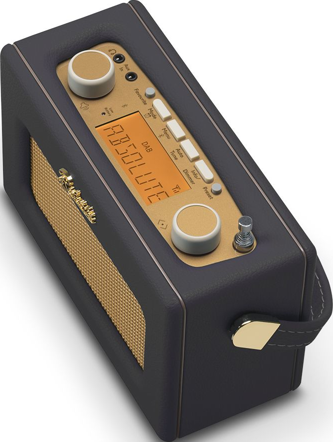 Retro DAB-Radio mit goldenem Lautsprechergrill, orangefarbenem Display mit ABSOLUTE und schwarzem Ledergehäuse.