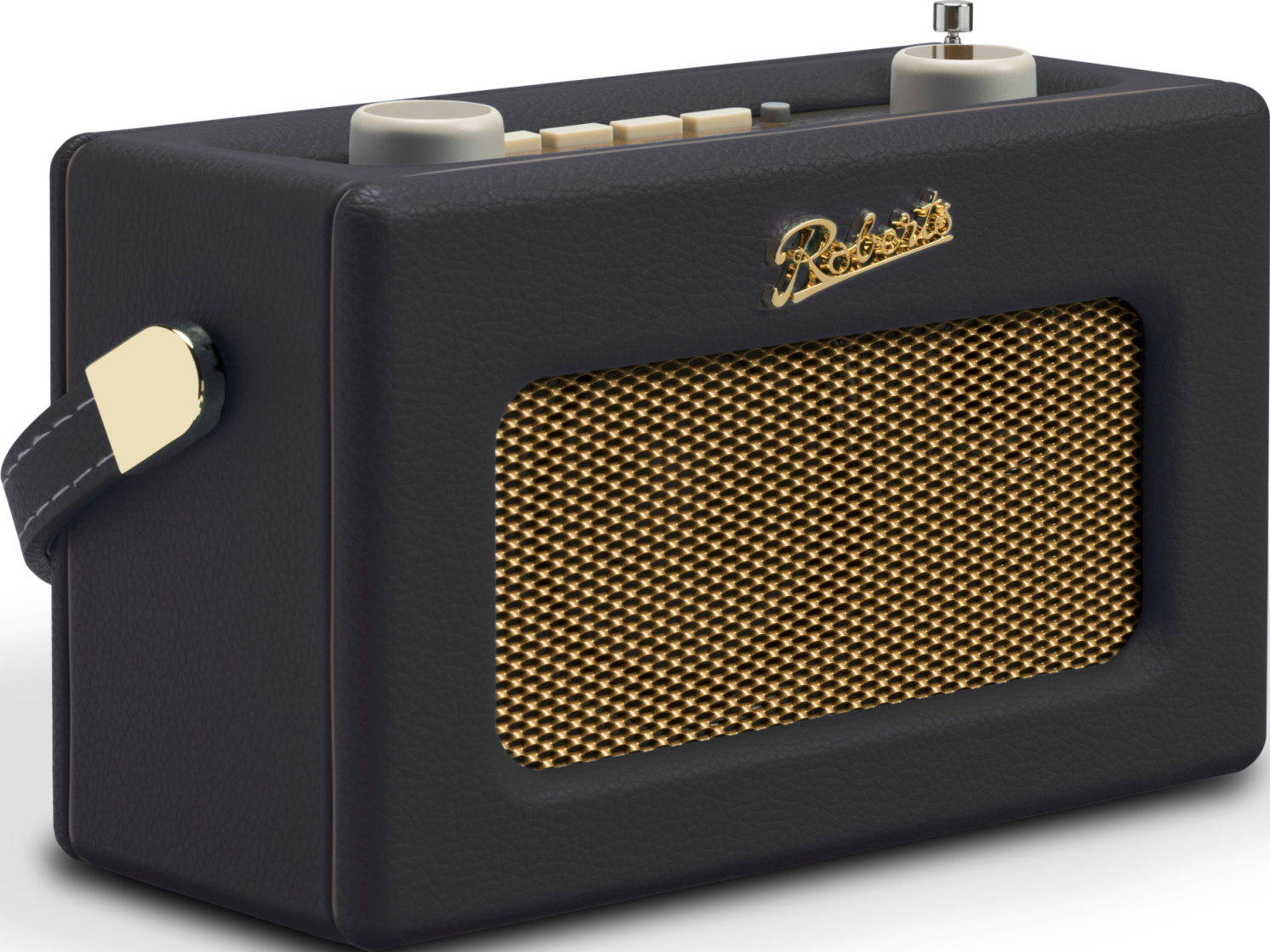 Schwarzes Leder-Radio mit goldenem Lautsprechergrill und Bedienelementen.