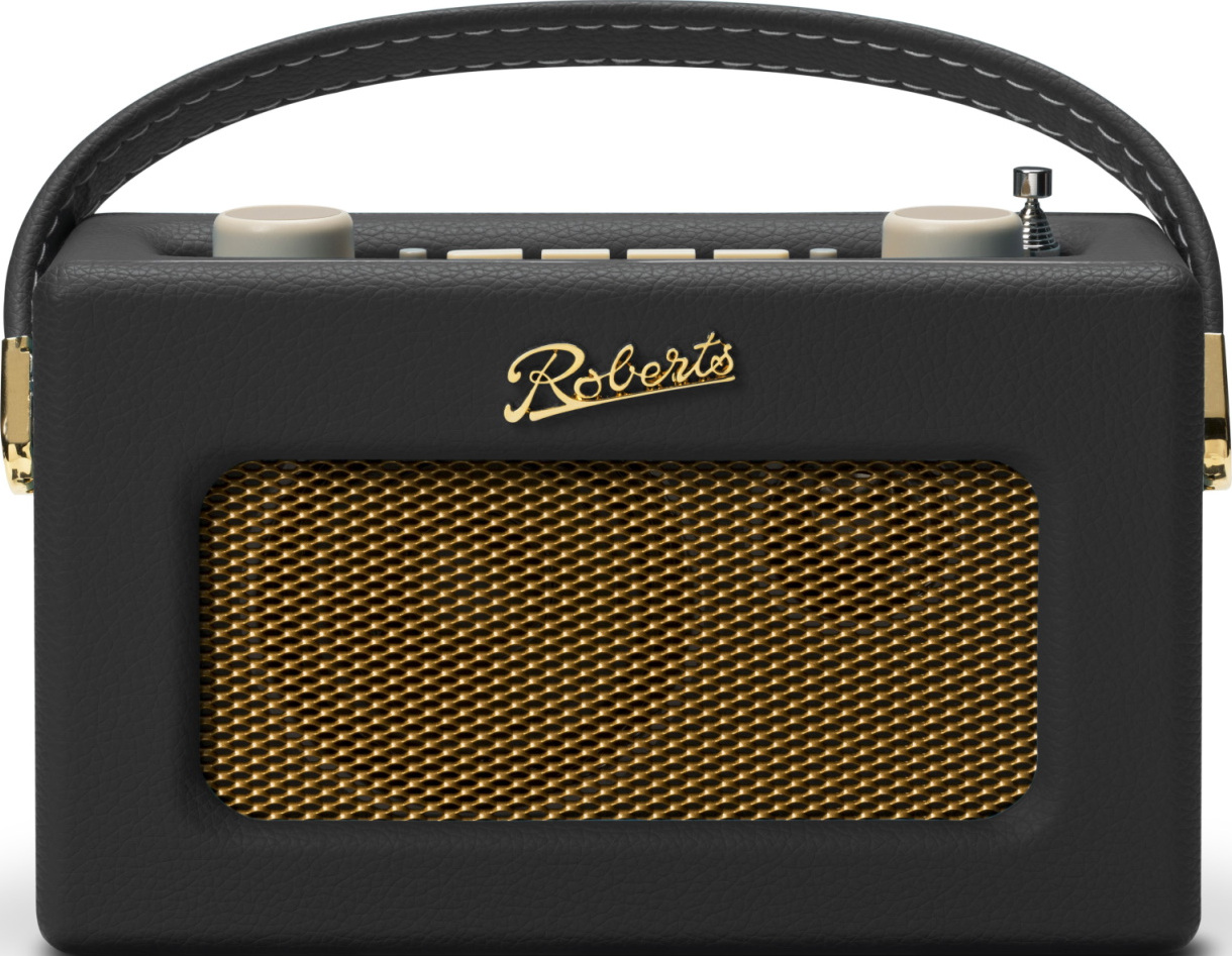Ein schwarzes Retro-Radio mit Goldgitter und Griff.