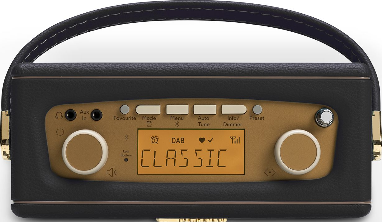 Ein schwarzer und goldener DAB-Radio mit Ledergriff und digitaler Anzeige.