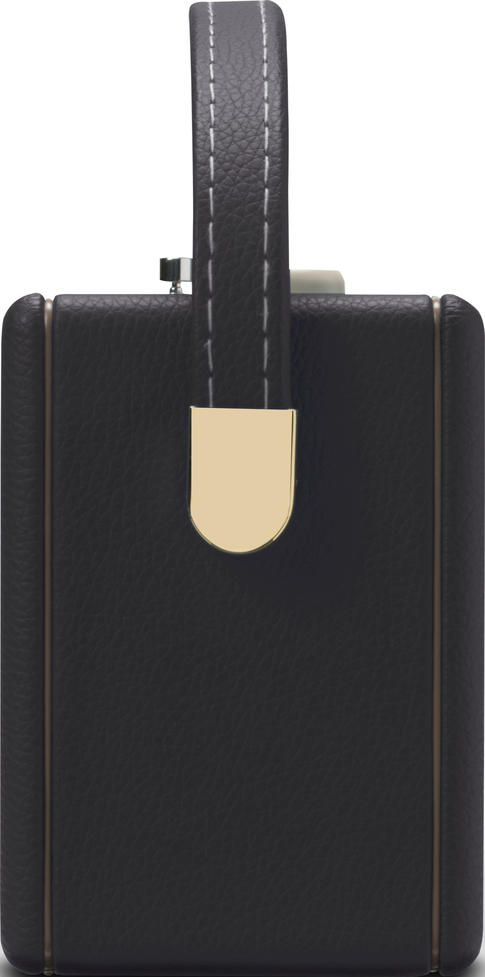 Schwarze Ledertasche mit weißer Naht und goldenem Griffdetail.