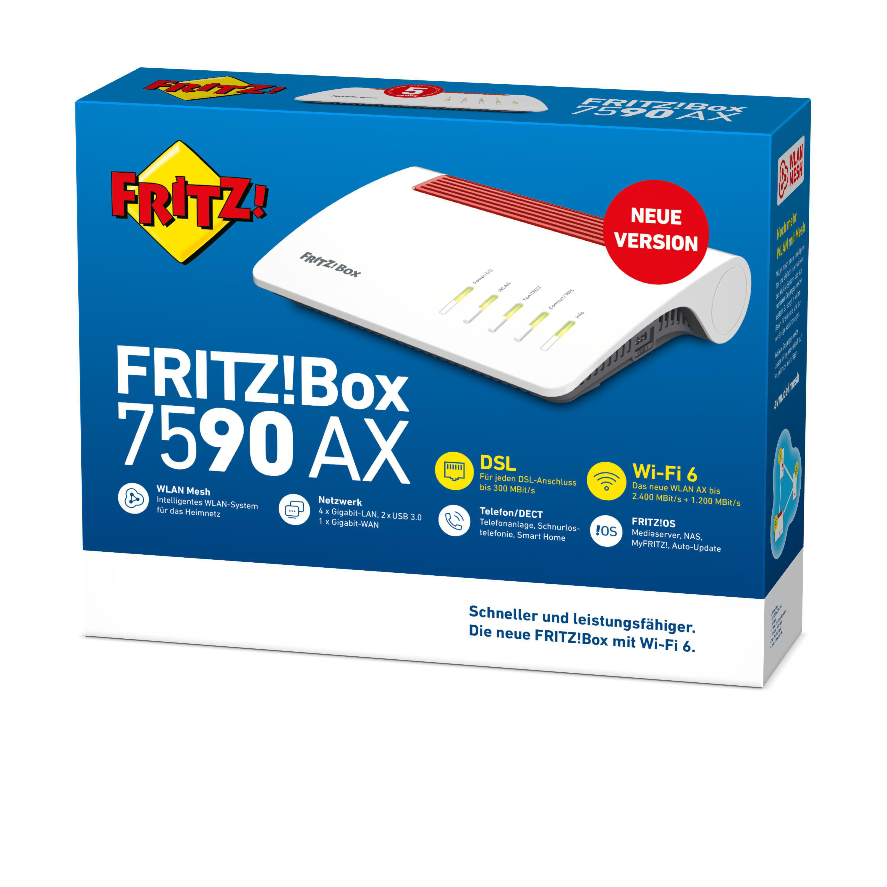 Weiße und rote Schachtel eines FRITZ!Box 7590 AX Routers mit Produktinformationen.
