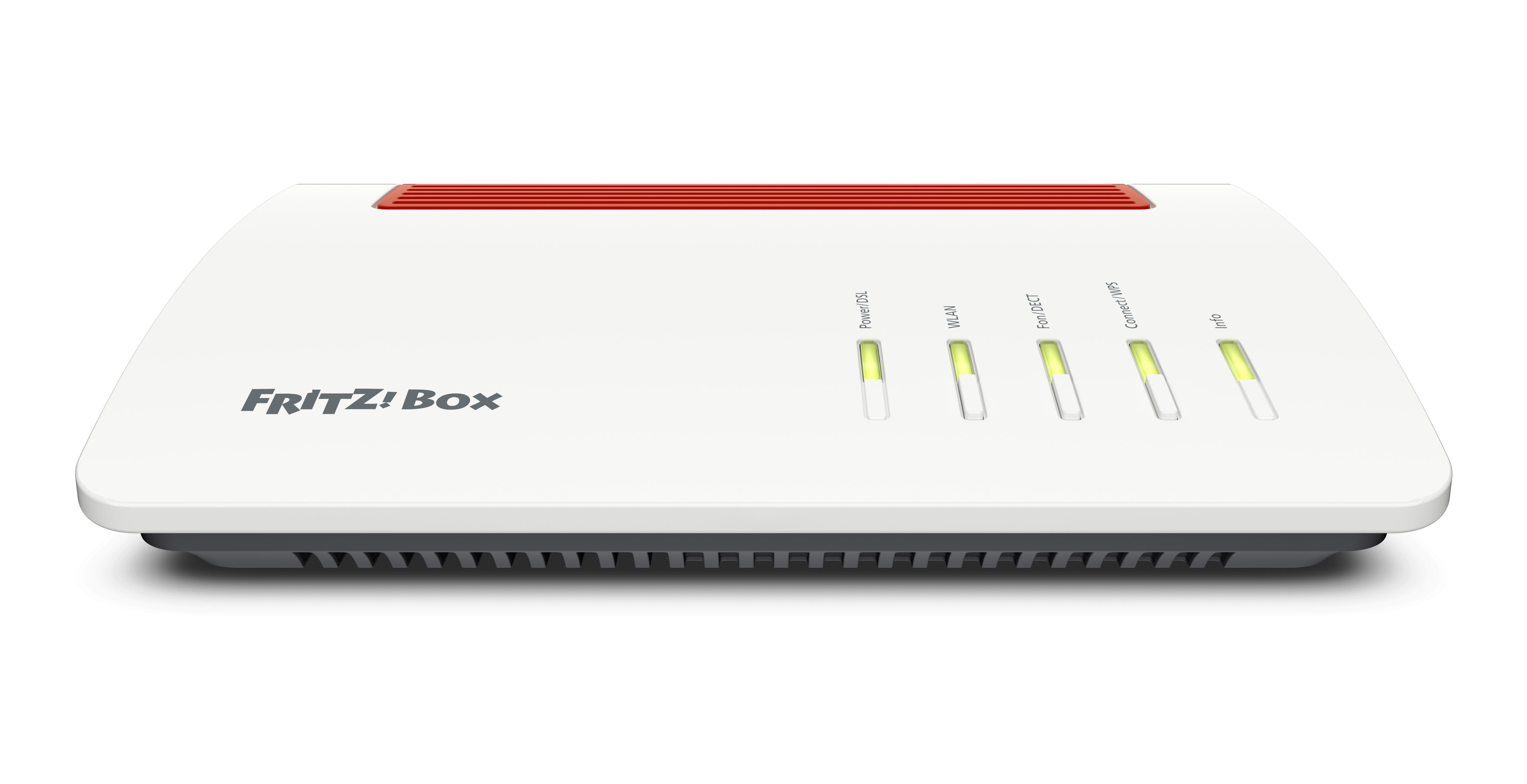 Weißer Router mit roten Details und mehreren Kontrollleuchten vor weißem Hintergrund.