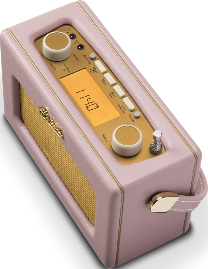 Ein pinkes Retro-Radio mit goldenem Lautsprechergrill, Digitalanzeige (11:40) und Bedienelementen.