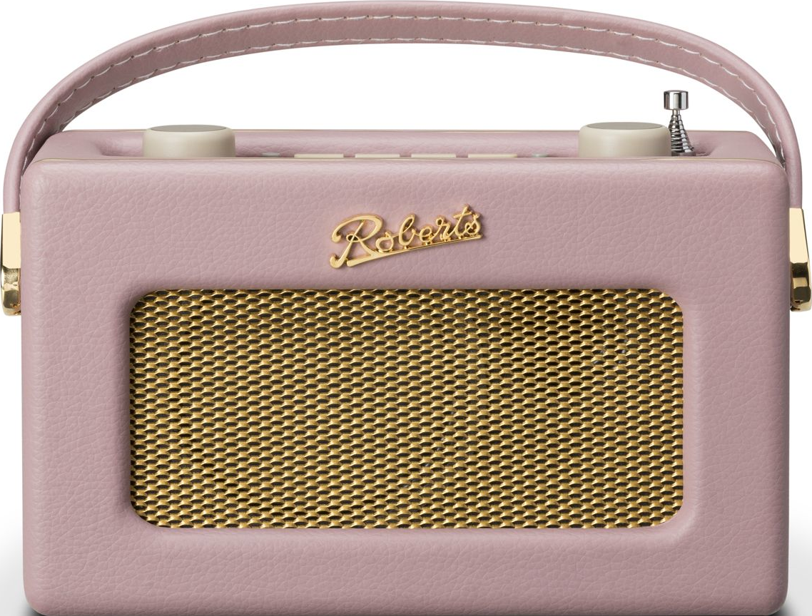 Ein rosafarbener Retro-Radio mit goldenem Lautsprechergrill und Tragegriff.