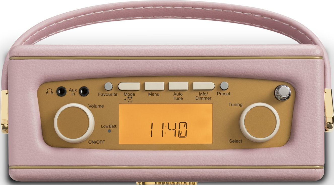 Ein rosafarbener tragbarer Radio mit goldenen Akzenten, das 11:40 anzeigt.