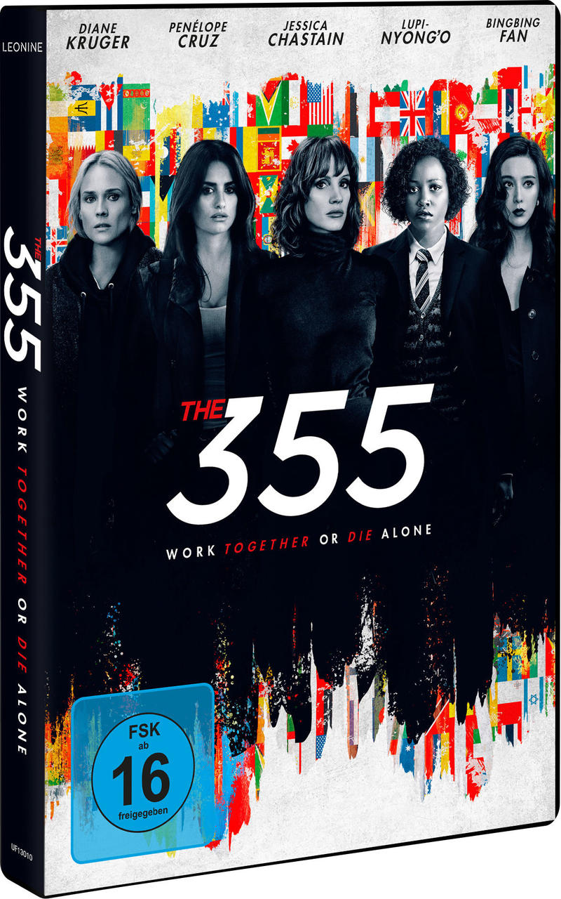 DVD-Cover für 'The 355'. Zeigt fünf Frauen. Titel ist prominent. Bunter Flaggenhintergrund.