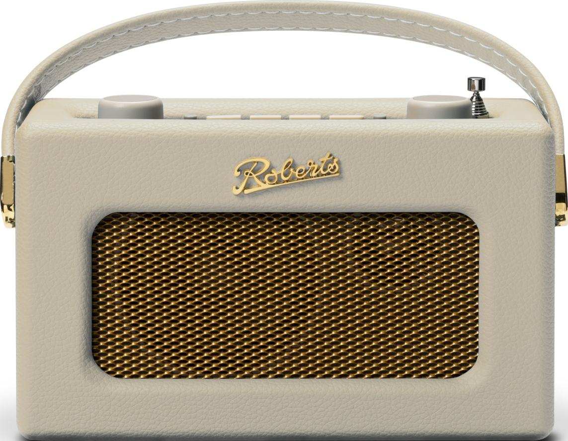 Ein cremefarbener Roberts-Radio mit goldenem Lautsprechergrill und Tragegriff.