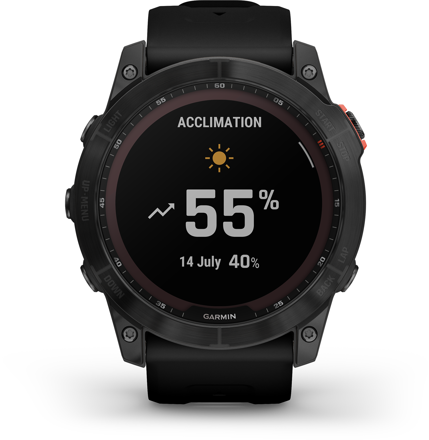 Zwart Garmin horloge, data tonend, met zwarte band.