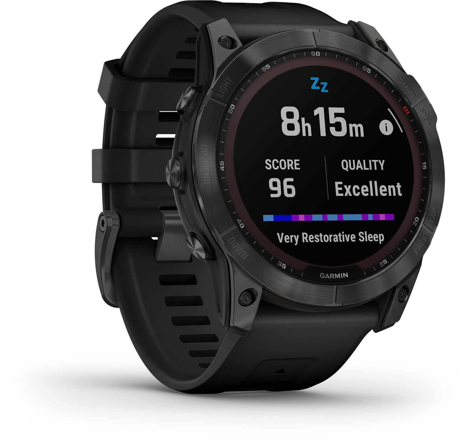Zwarte Garmin smartwatch, toont slaapscore, kwaliteit en tijd op een zwarte achtergrond.