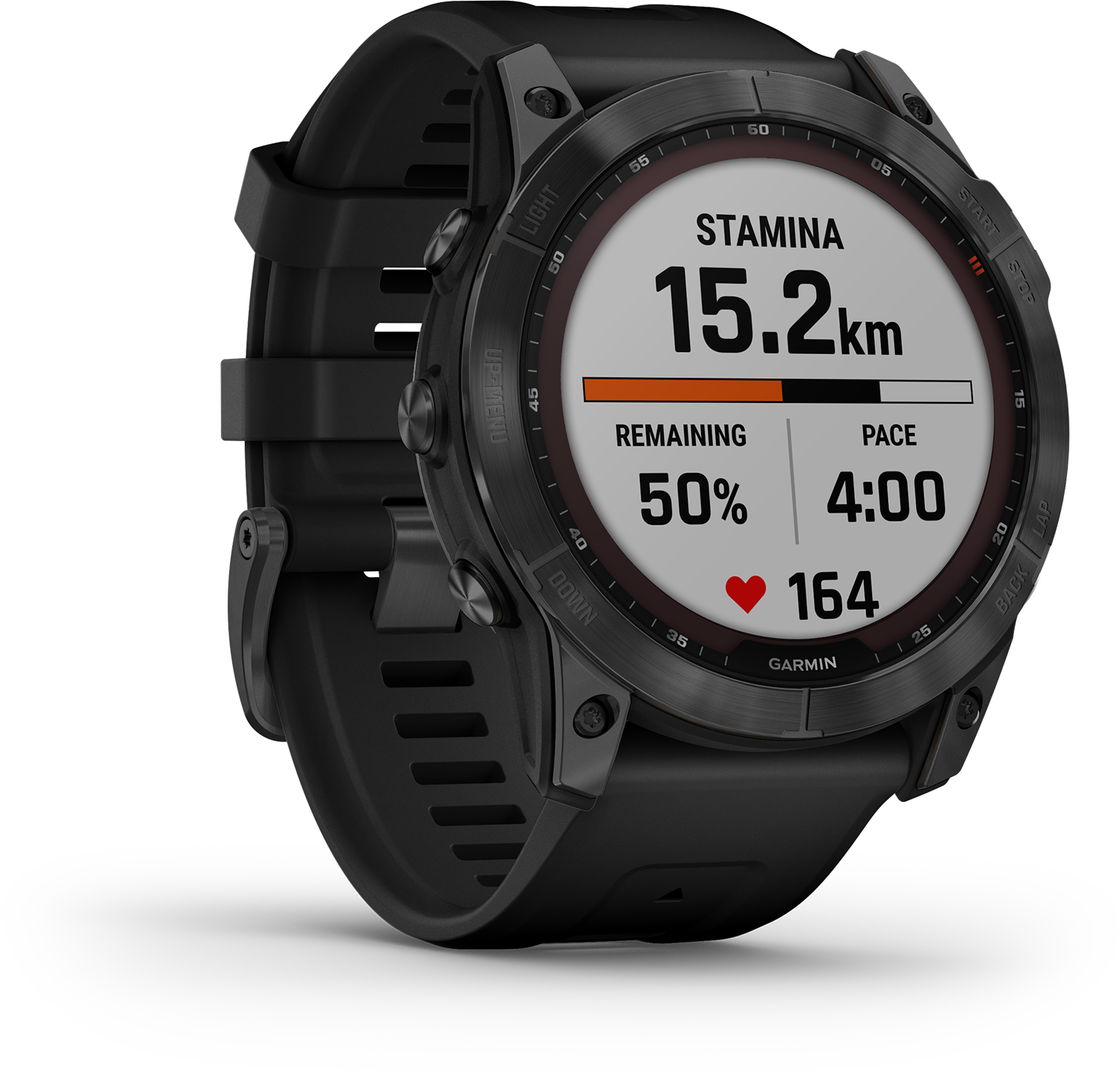 Zwart Garmin horloge met weergave van uithoudingsvermogen, resterend, tempo, hartslag en afstand.