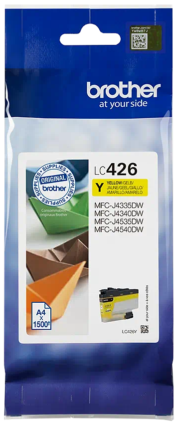 Gele inktcartridgeverpakking voor een Brother-printer. Witte achtergrond. Tekst en logo zijn zichtbaar.