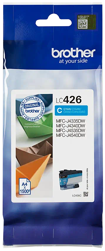 Brother LC426 cyaan inktcartridge in verpakking. Inclusief productinformatie en origami papieren bootjes.