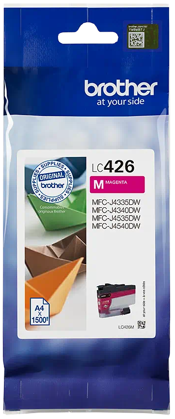 Magenta inktcartridge in plastic verpakking. Tekst en logo op de verpakking.