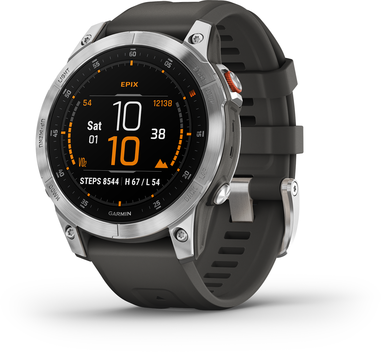 Garmin Epix horloge, zwarte band, zilveren bezel, met datum, tijd en gezondheidsstatistieken.