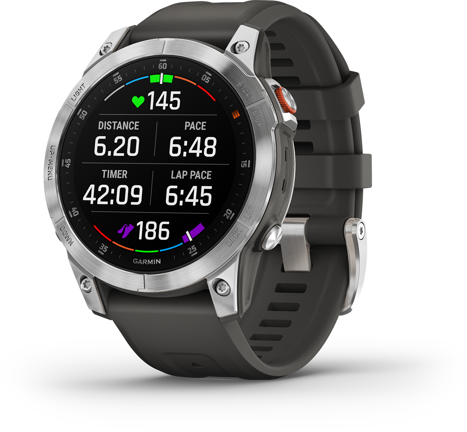 Garmin horloge met verschillende meetwaarden: hartslag, afstand, tempo, timer en rondetempo.