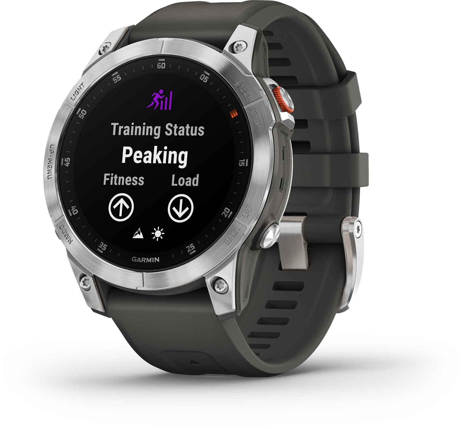 Garmin smartwatch. Zwarte wijzerplaat toont trainingsstatus: Peaking, Fitness, Load. Zilveren rand.