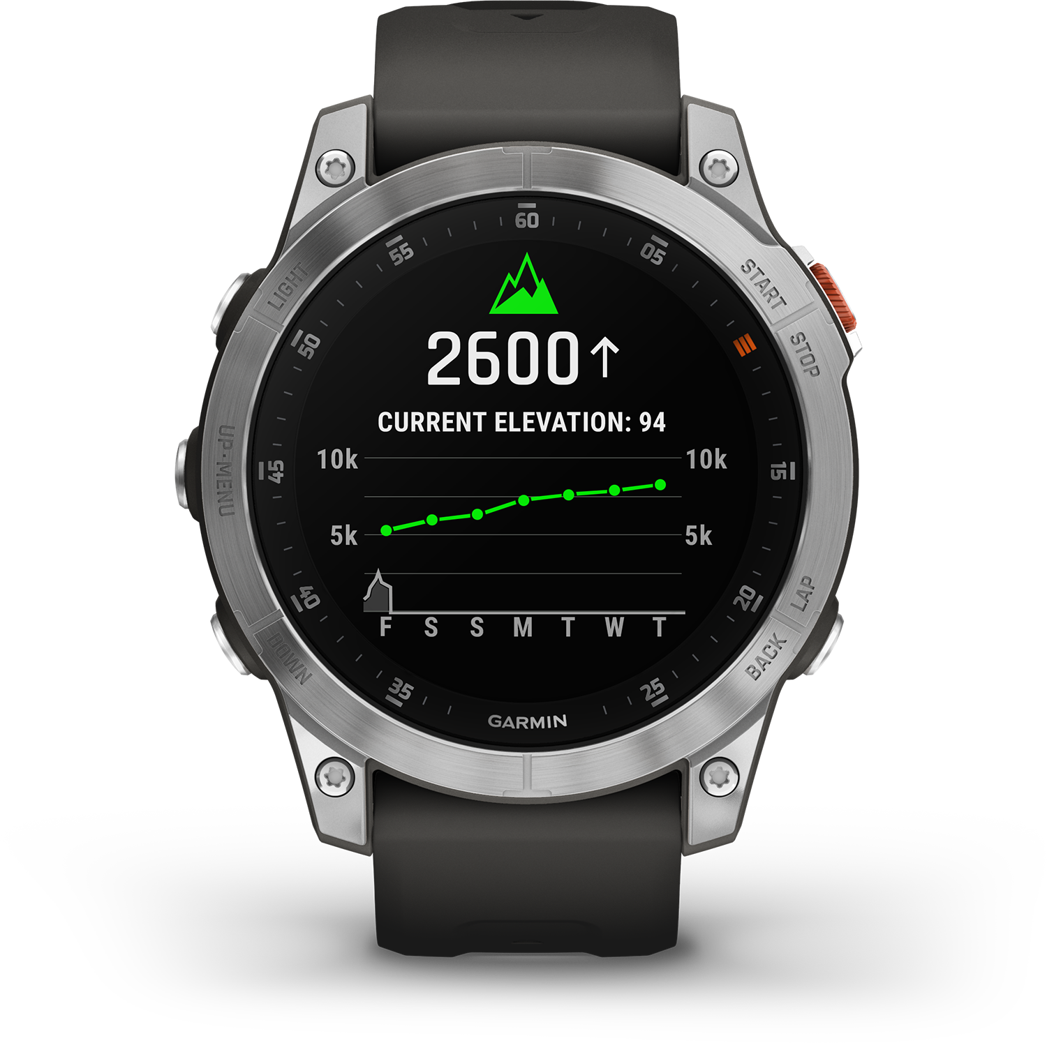 Zilveren smartwatch met zwart scherm, met een hoogtediagram. Zwarte achtergrond.