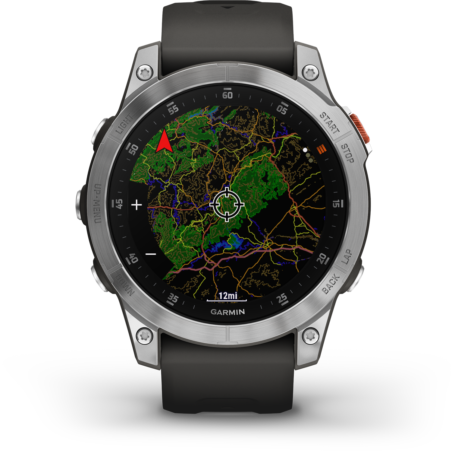 Een Garmin smartwatch met een kaartweergave op het scherm. Het horloge heeft een zwarte band.