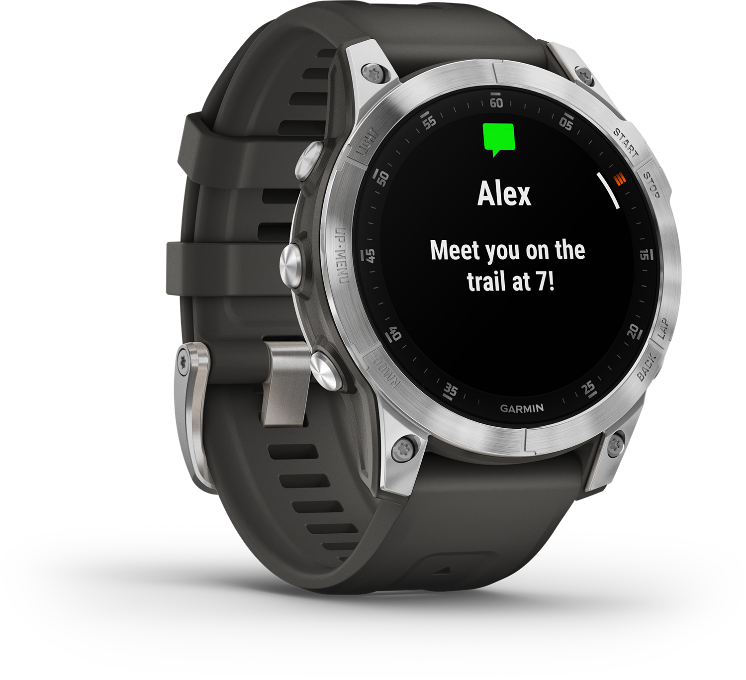 Garmin smartwatch met een sms: 'Tot op de trail om 7 uur!'