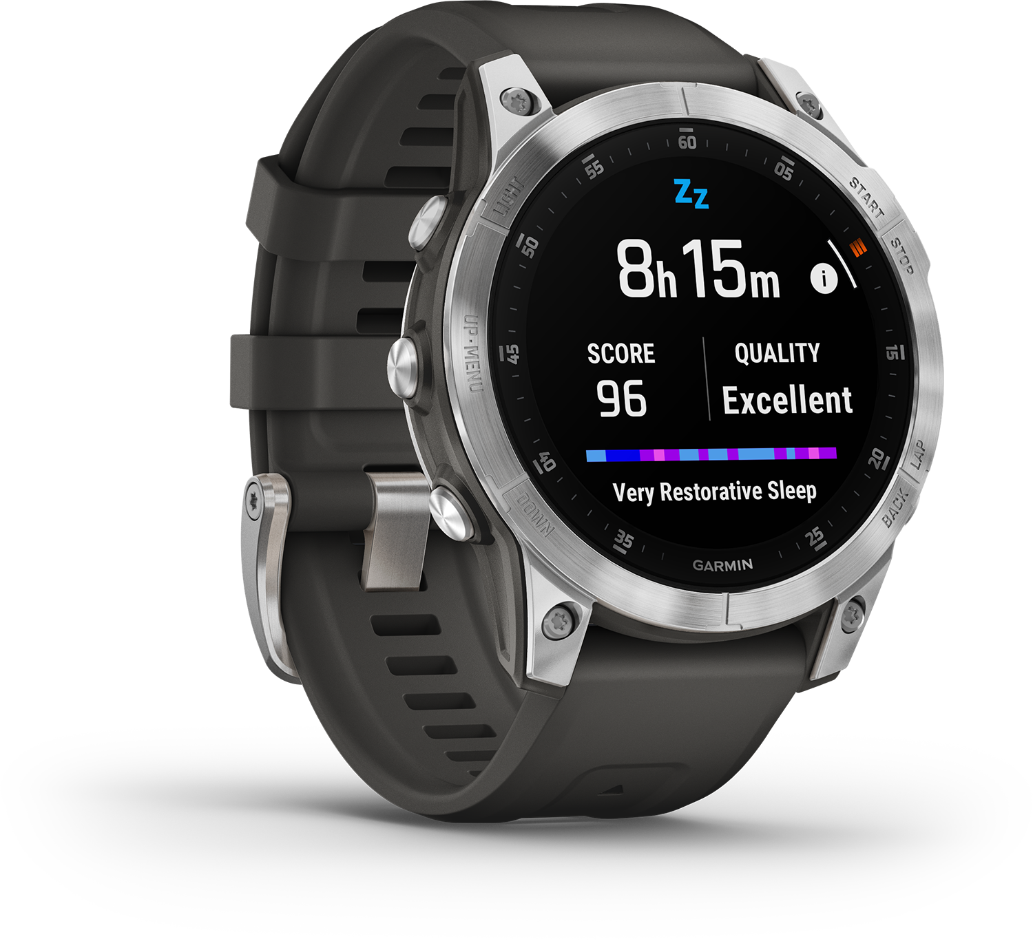 Een smartwatch die slaapgegevens weergeeft, inclusief score, duur en kwaliteitsstatistieken.