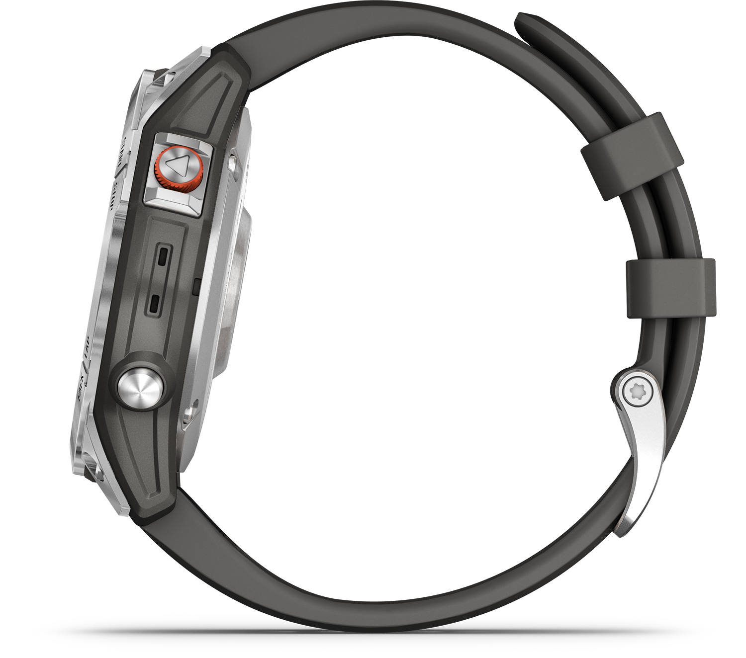 Zijaanzicht van een zwart smartwatch met grijze band en oranje knop. Witte achtergrond.