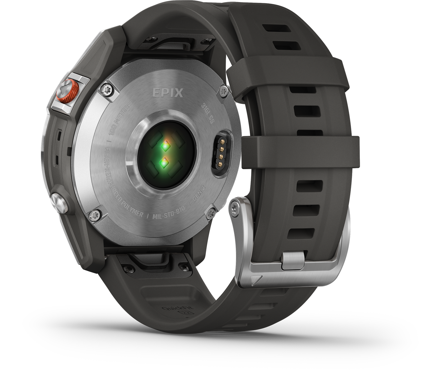 Achterkant van een smartwatch met een groene hartslagsensor en een grijze band.