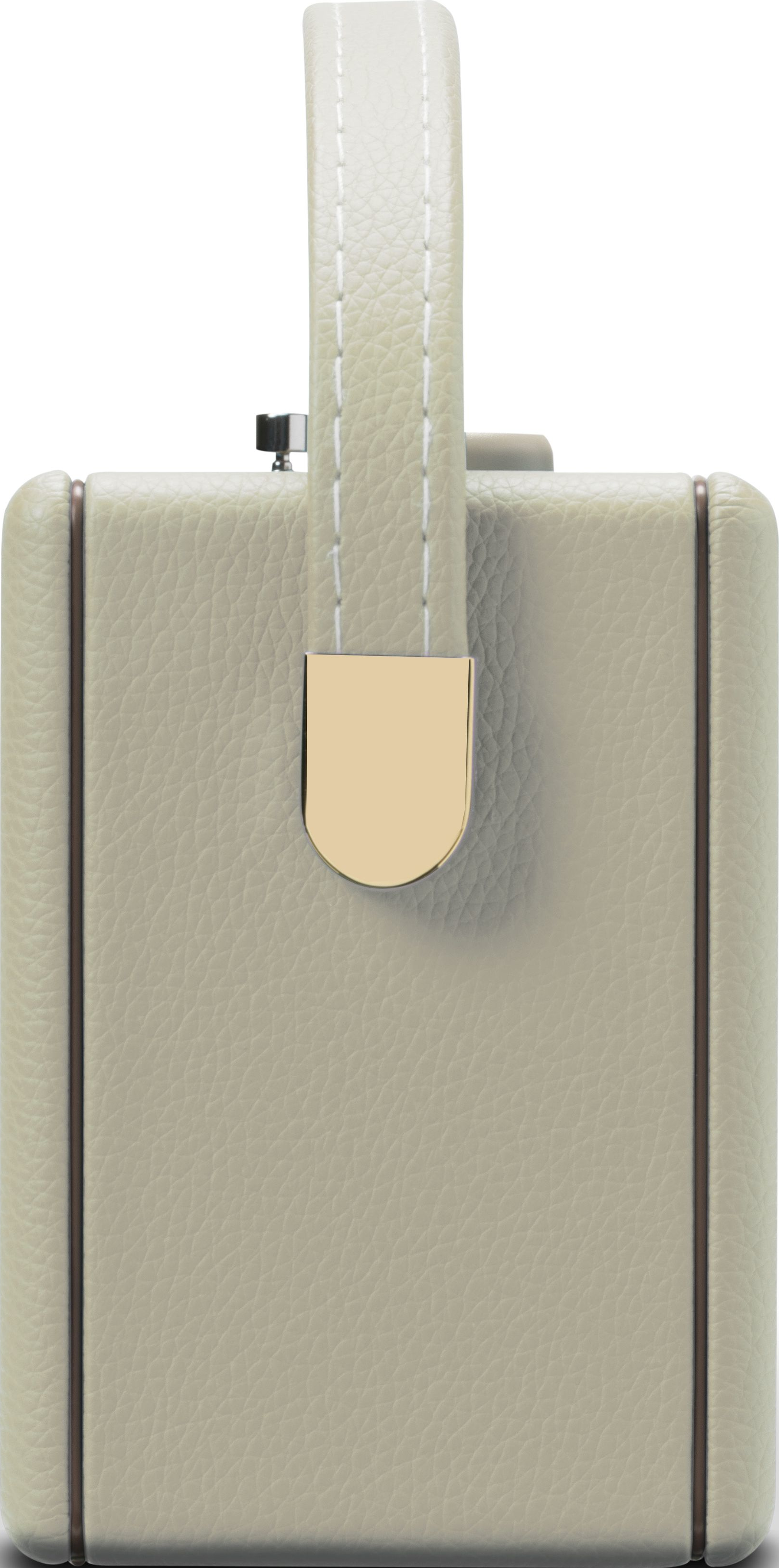 Eine cremefarbene Ledertasche mit Griff und goldenem Verschluss.
