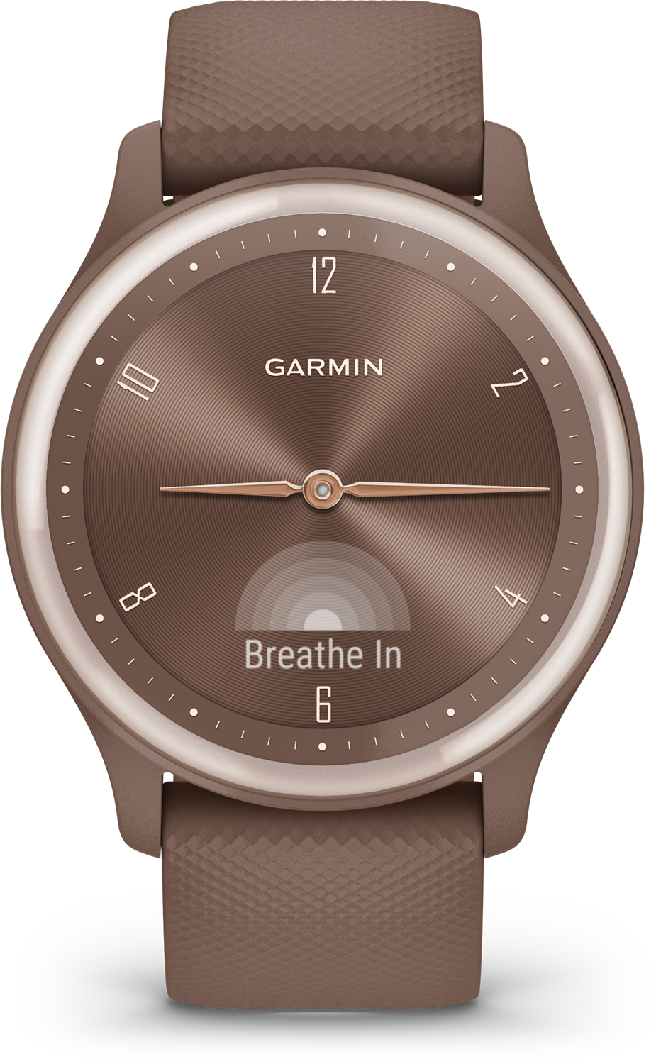 Een bruine Garmin smartwatch met een ronde wijzerplaat. De wijzerplaat toont de tijd en de tekst “Breathe In”.