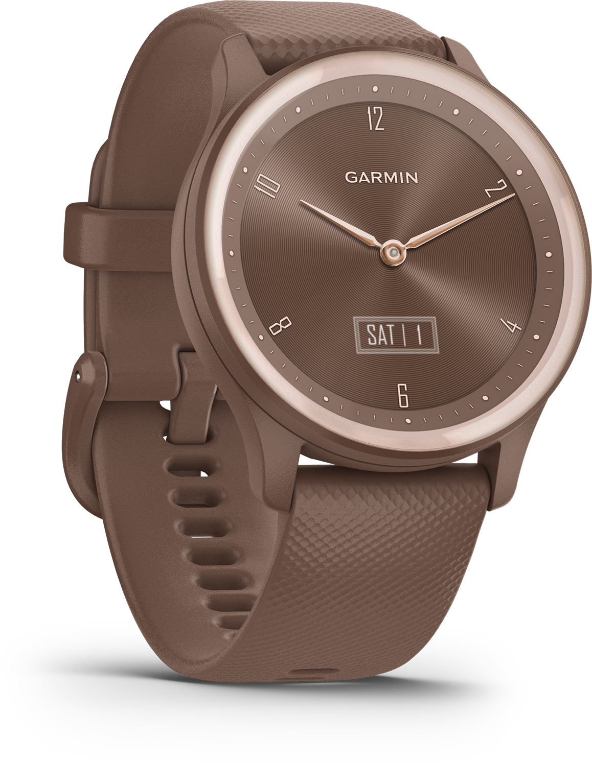 Bruine smartwatch met een bruine band en roségouden accenten, zwarte achtergrond.