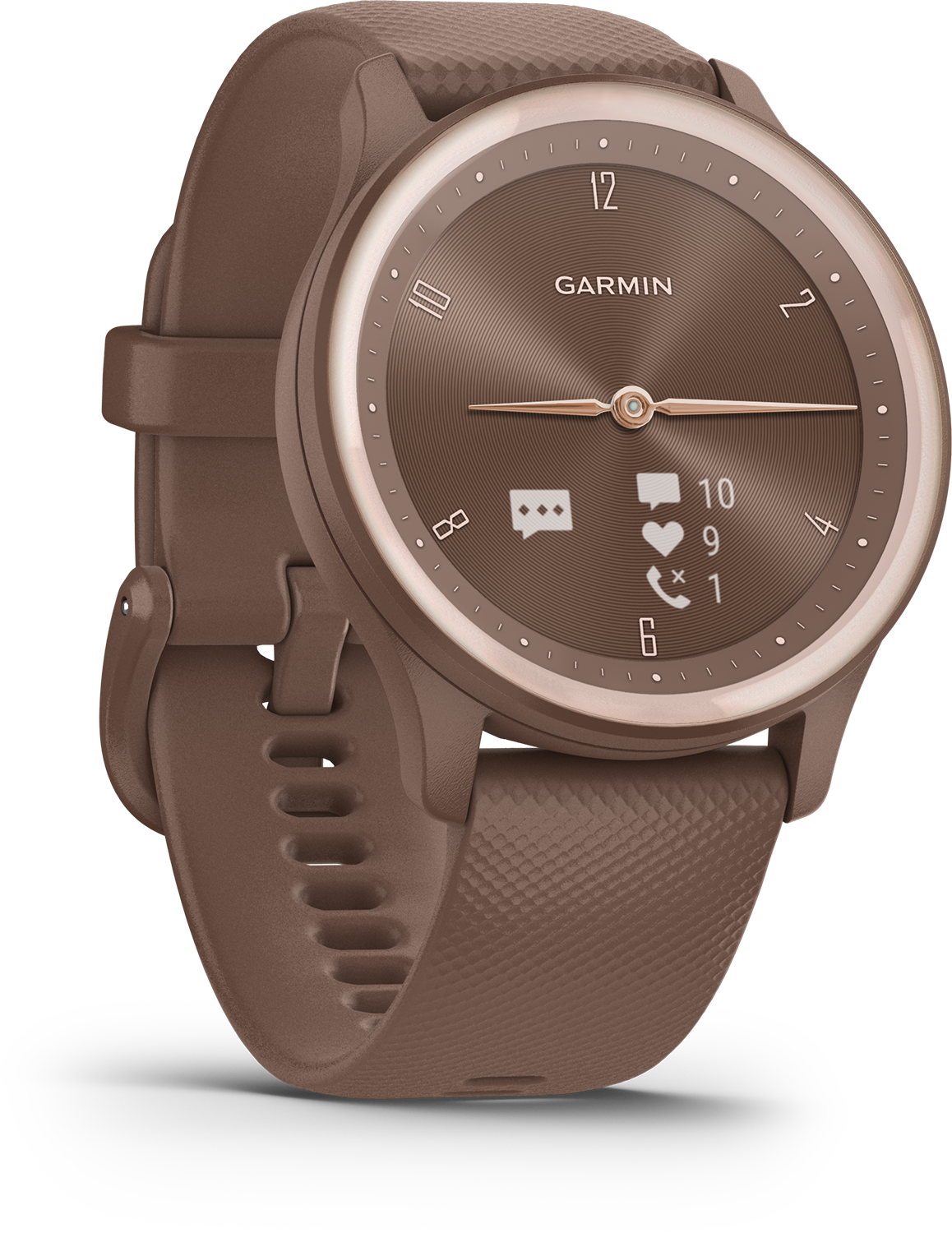 Bruine Garmin smartwatch met een bruine band. De achtergrond is zwart, de wijzerplaat heeft cijfers.