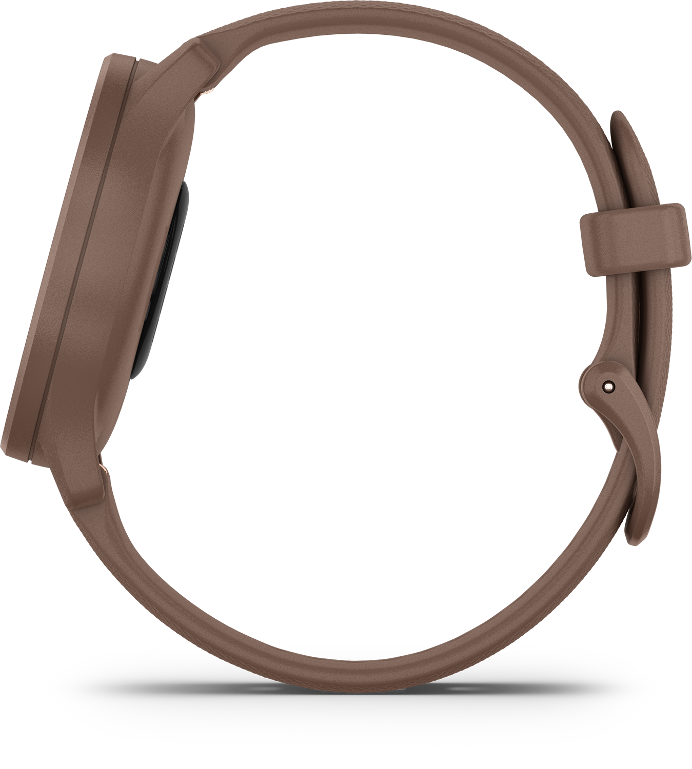Bruine smartwatch met bruine band, zijaanzicht, witte achtergrond.