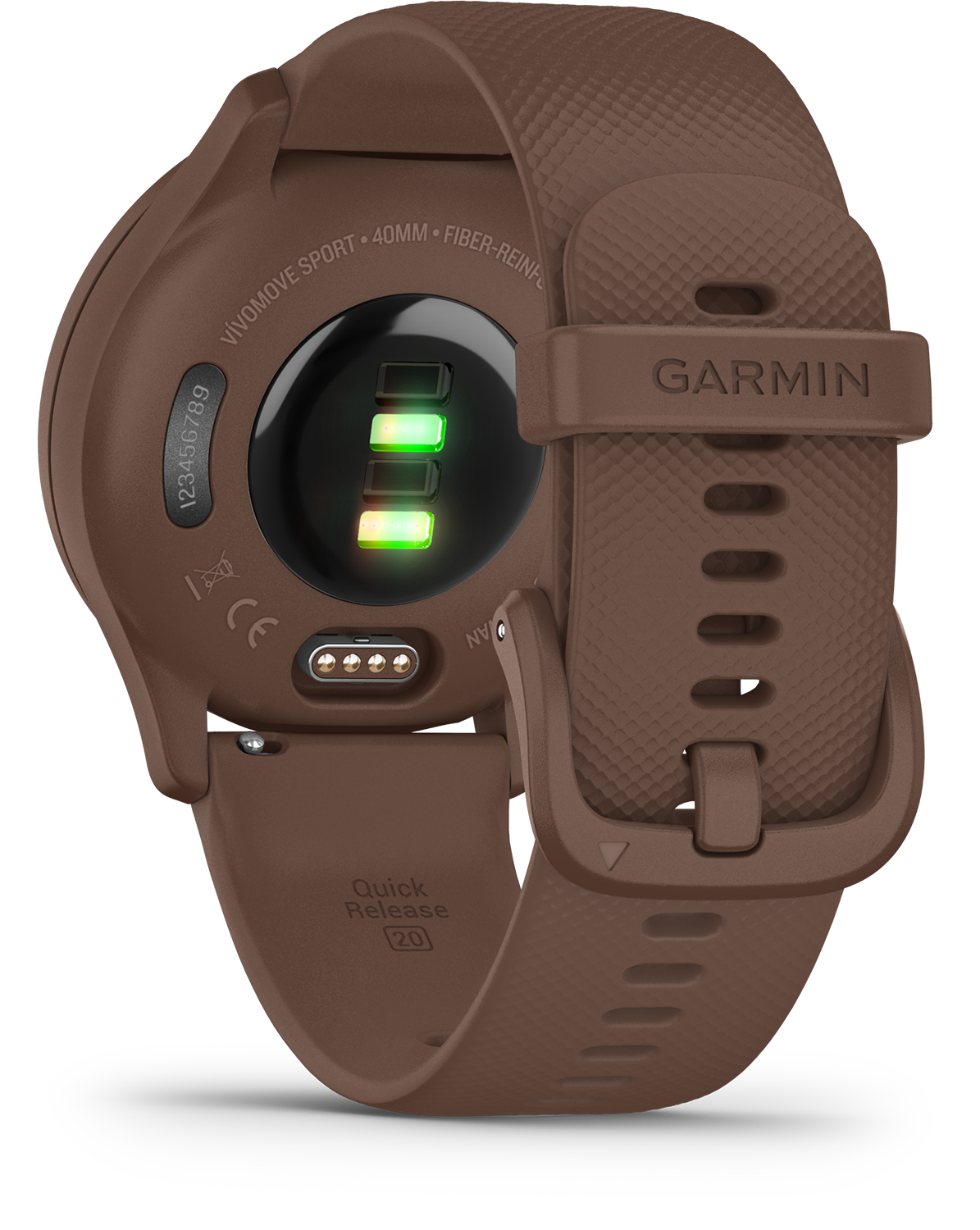 Bruin Garmin horloge, achteraanzicht, hartslagsensor.