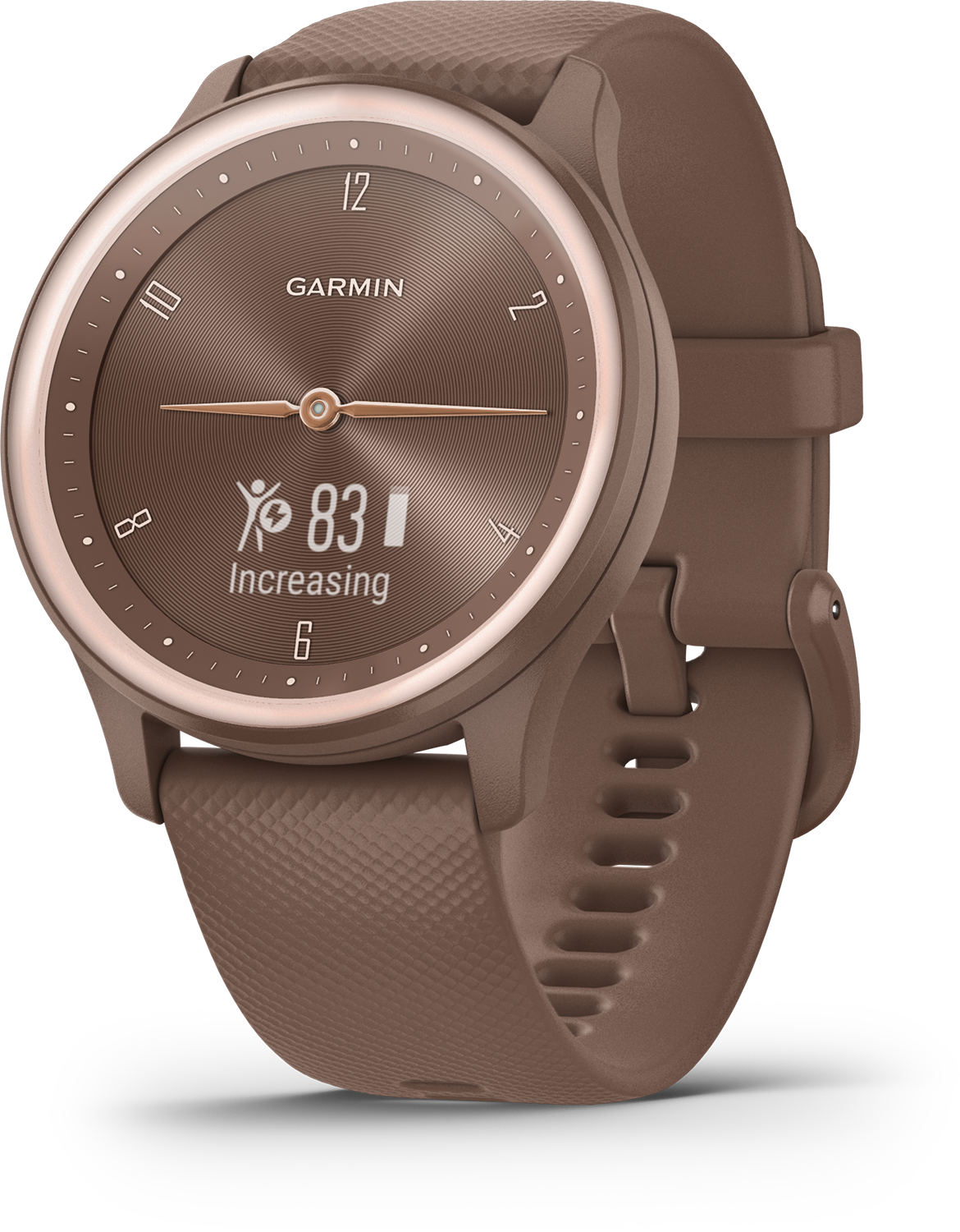 Een bruine Garmin smartwatch met een ronde wijzerplaat, die de tijd, stappen en hartslag weergeeft.
