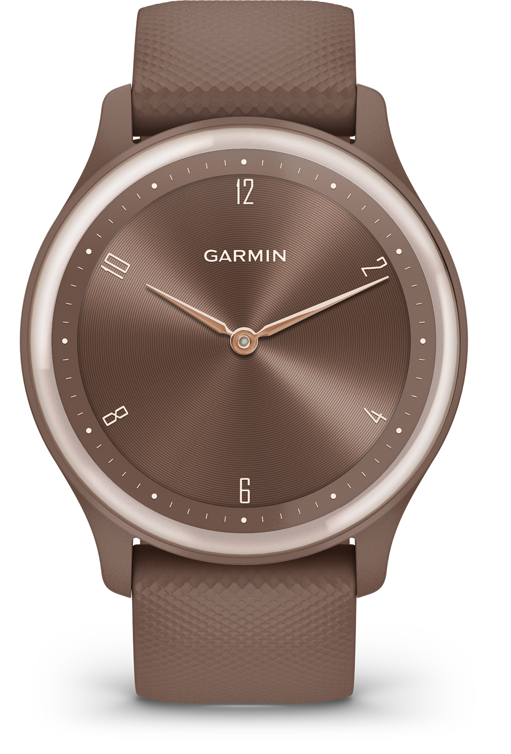 Bruin Garmin-horloge. Het heeft een bruine band en een bruine wijzerplaat met witte accenten.