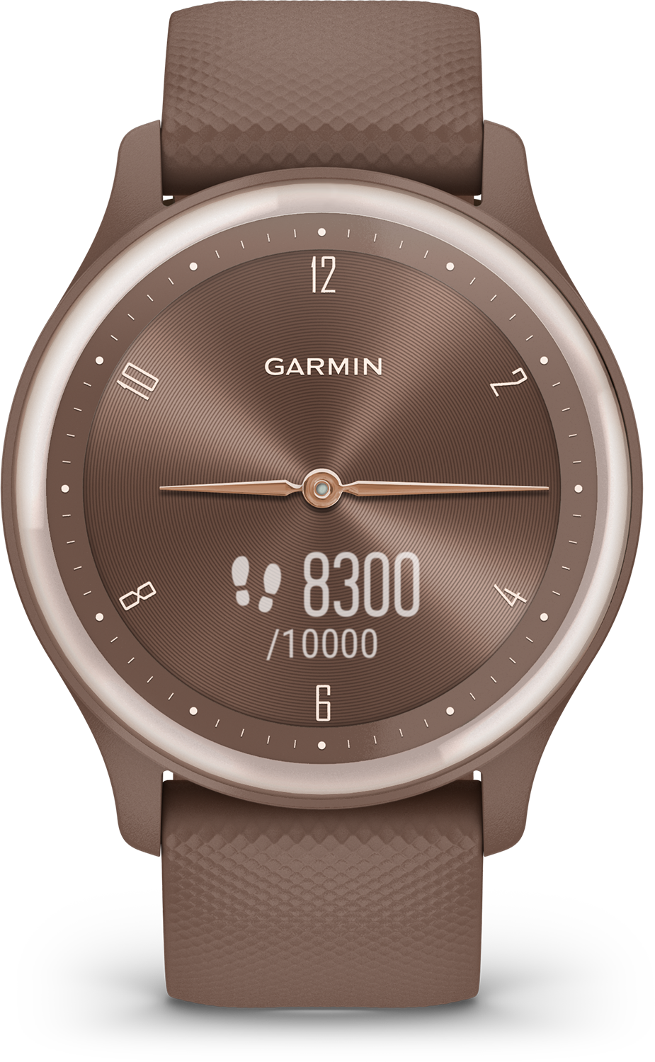 Een Garmin smartwatch met een bruine wijzerplaat en band die de stappen toont.