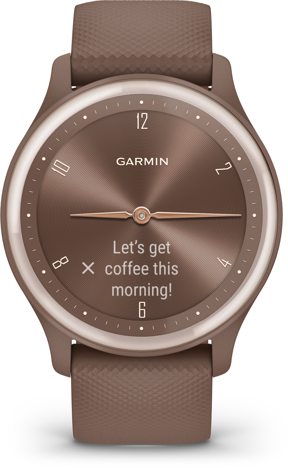 Close-up van een bruine smartwatch met de boodschap: 'Laten we vanmorgen koffie drinken!'