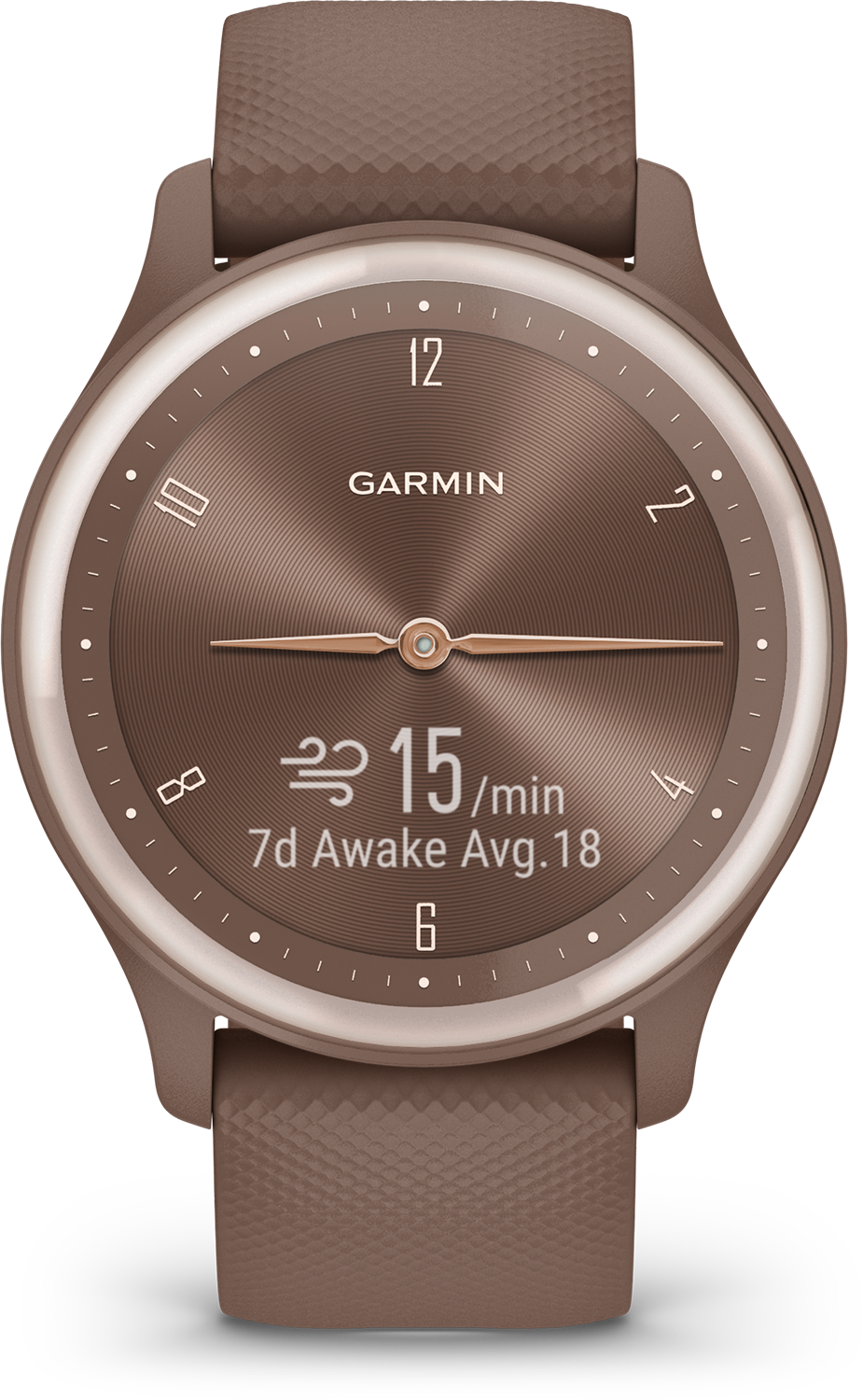 Een bruine Garmin smartwatch met een ronde wijzerplaat. Het horloge geeft tijd en fitnessgegevens weer.
