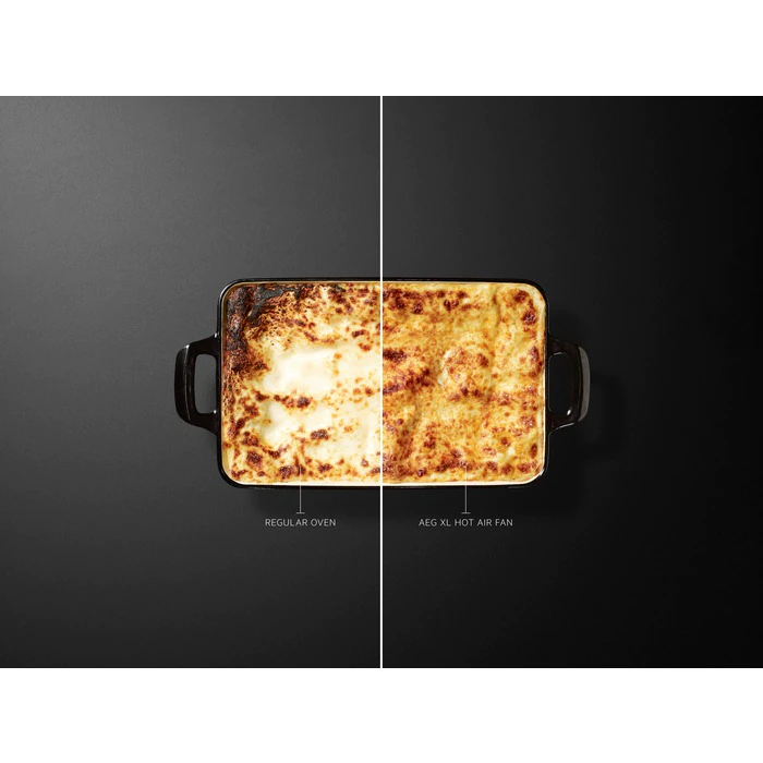 Een vergelijking van lasagne gebakken in een gewone oven en een AEG XL heteluchtoven.
