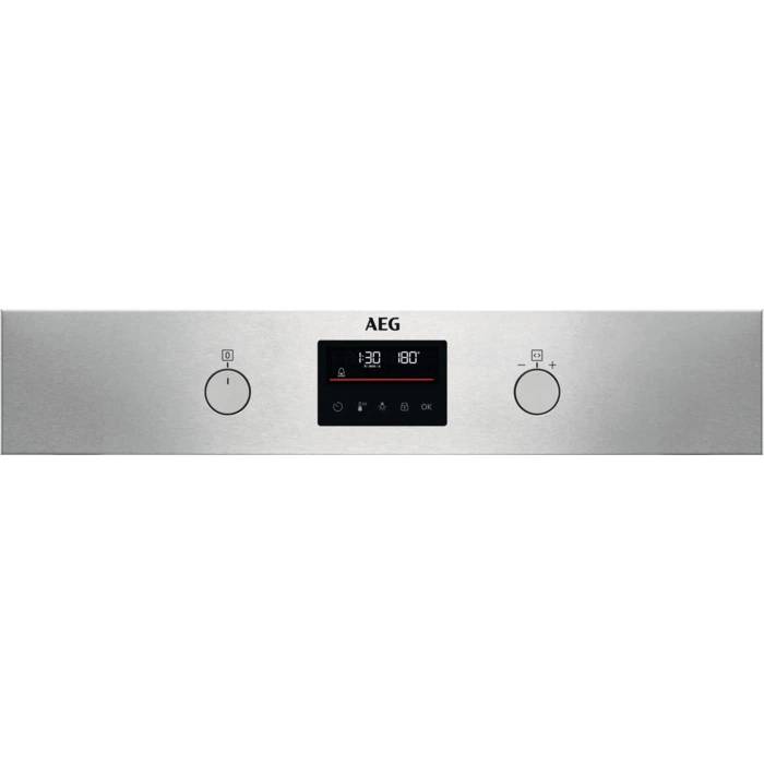 Een zilverkleurig AEG-ovenbedieningspaneel toont een tijd van 1:30 en een temperatuur van 180 graden.