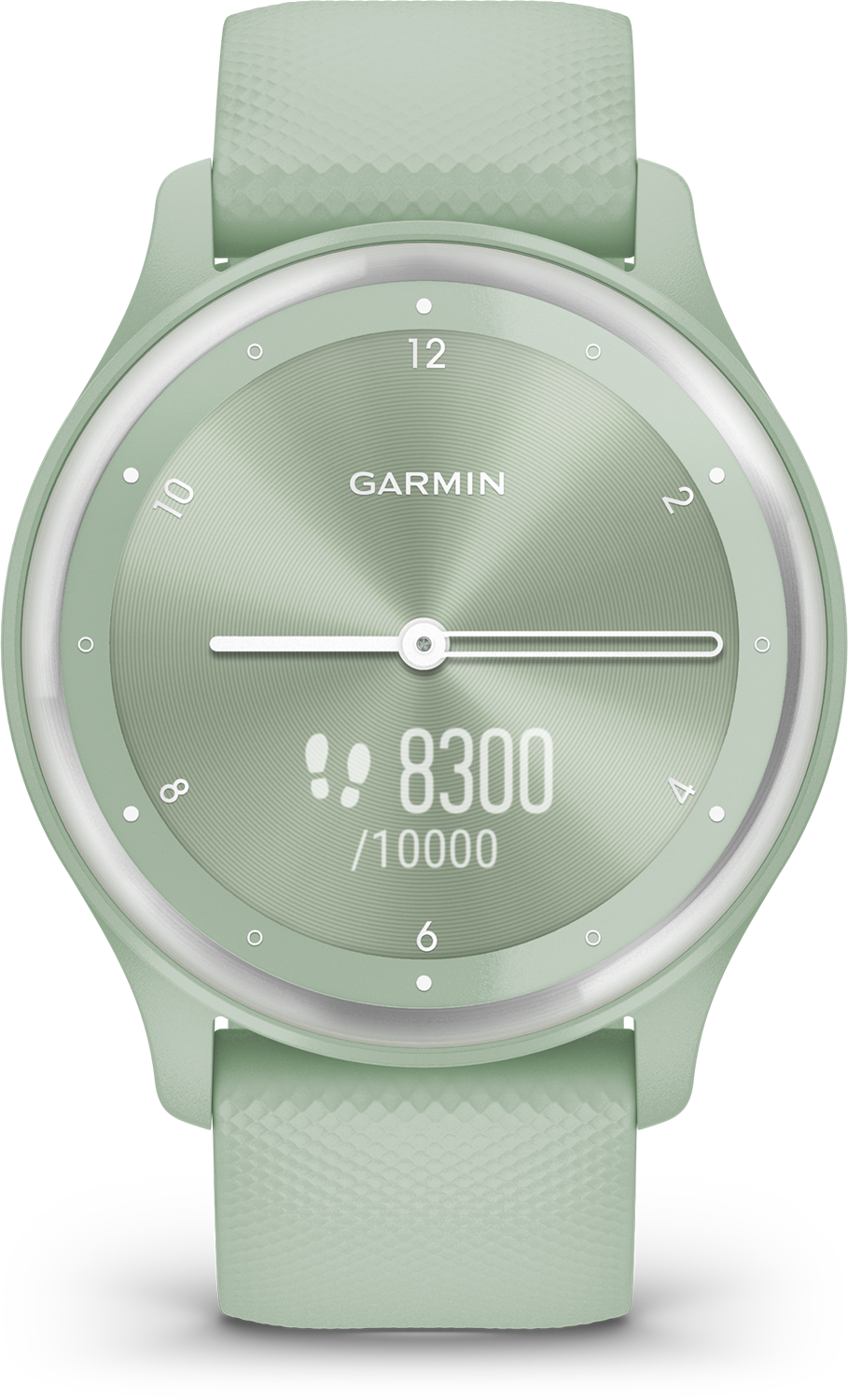 Een lichtgroene Garmin smartwatch toont tijd, stappen en statistieken op een scherm.