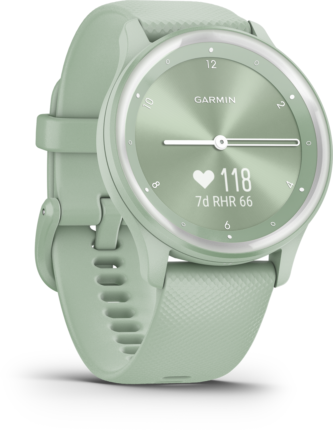 Mintgroene smartwatch. Hartslag is 118. Garmin-logo.