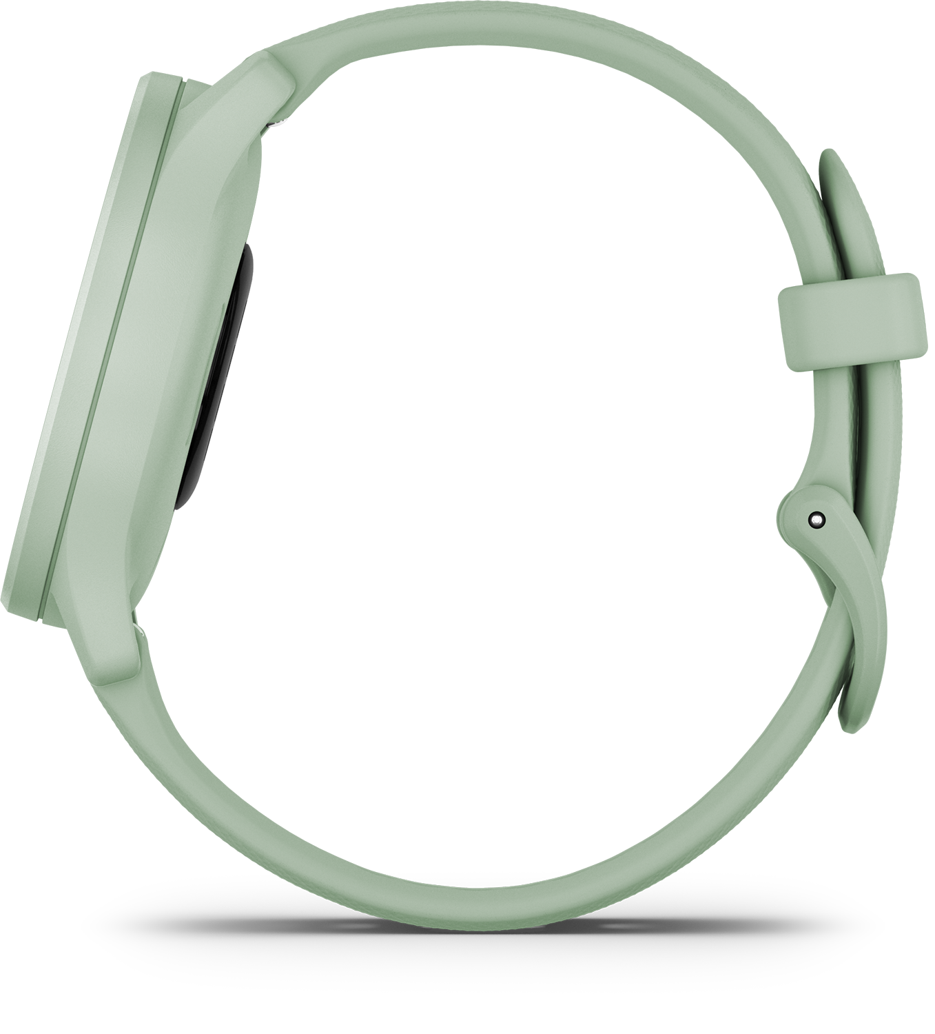 Een groene smartwatch van de zijkant gezien. De band is aangesloten.