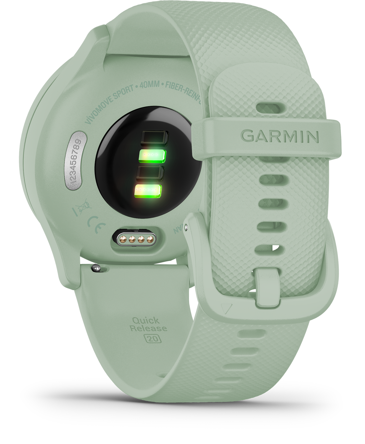 Achterkant van een mintgroene smartwatch. Toont de hartslagsensor en bandbevestigingspunten.