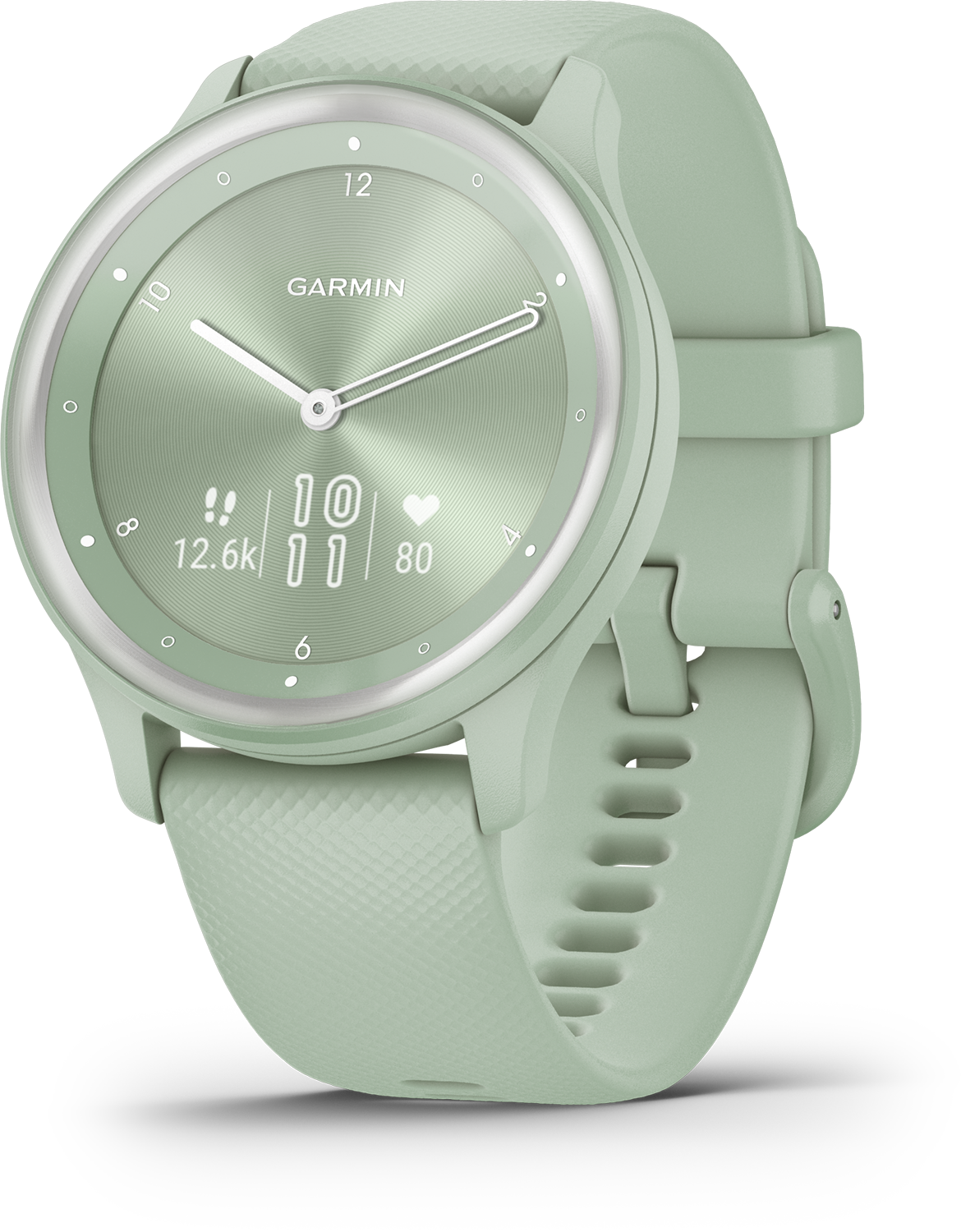 Groene Garmin smartwatch met een ronde wijzerplaat die tijd, stappen en hartslag weergeeft.