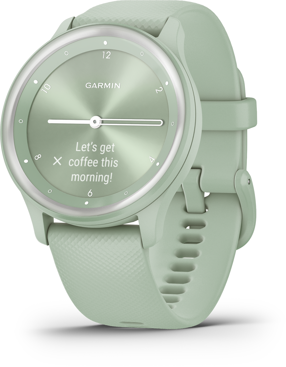 Groen Garmin horloge, circulair ontwerp, met een bericht op het display, zwarte achtergrond.