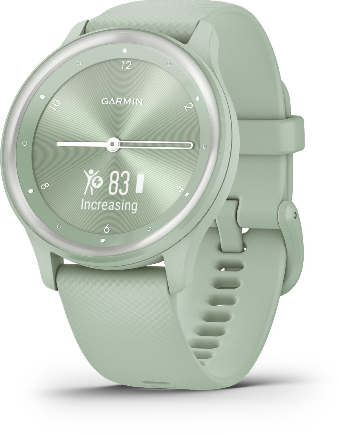 Garmin smartwatch met lichtgroene band en wijzerplaat, geeft gegevens weer.