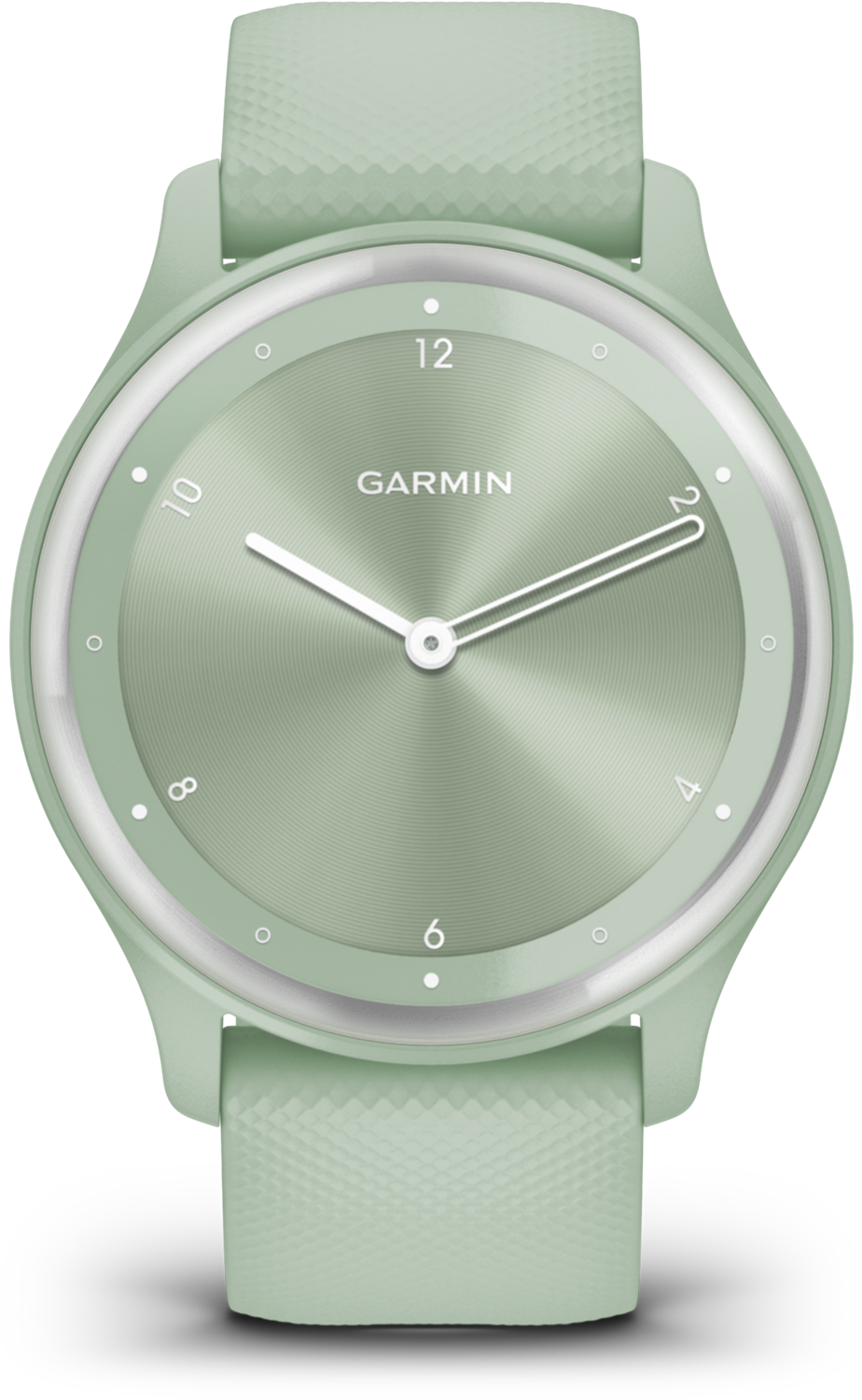 Garmin smartwatch met een mintgroene band en wijzerplaat, toont de tijd.
